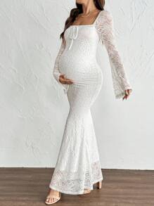 MaterniChic 情人节白色喇叭袖蕾丝紧身鱼尾孕妇装 - 杏色 - 查看 7