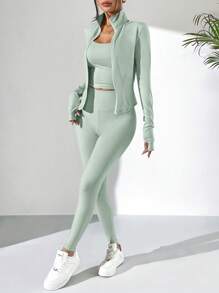 SHEIN EZwear 薄荷绿女士针织长袖夹克、背心和紧身裤运动套装 - 薄荷綠 - 查看 5