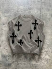 AXEPEAK Chaleco de punto con cuello redondo y dobladillo de remate con estampado de cruz, prenda básica de streetwear para hombres