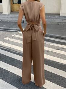 Serisse 2pcs/Set Atasan Crop Tanpa Lengan dengan Tali Belakang dan Celana Panjang Slim Fit Warna Polos untuk Wanita, Warna Cokelat, Kasual Musim Semi. - Khaki - View 5