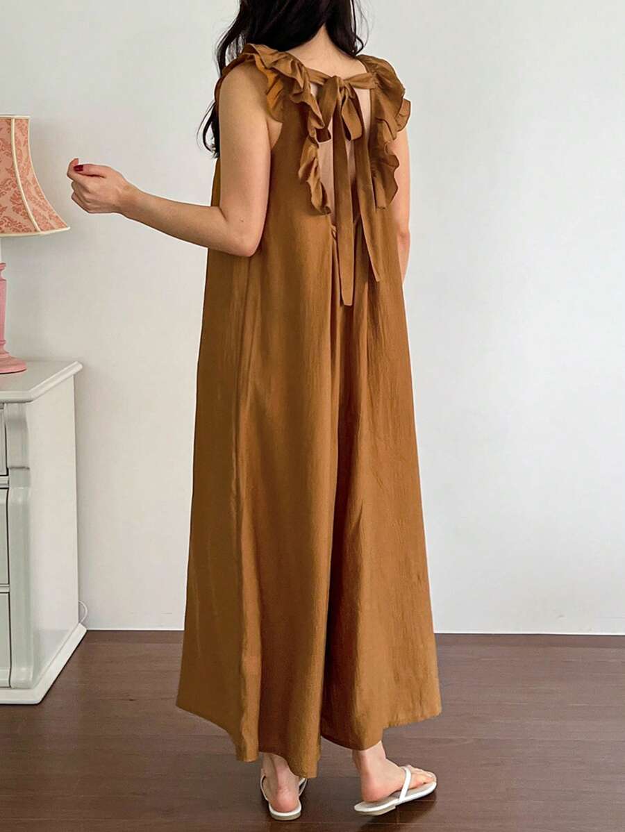 DAZY Simple Style Ruffled Hem A-Line Wide Leg Backless Loose Fit Women's Jumpsuit Loungewear Pajama - Camel - View 1