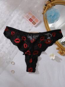女士蕾丝性感唇印丁字裤、内衣 - 黑色 - 查看 6
