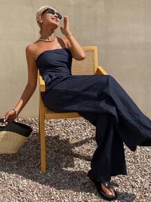 DAZY Women's Summer Sexy Bandeau Denim Jumpsuit, Waist-Cinched Loose Casual Overall Pants - Dark Wash - View 6