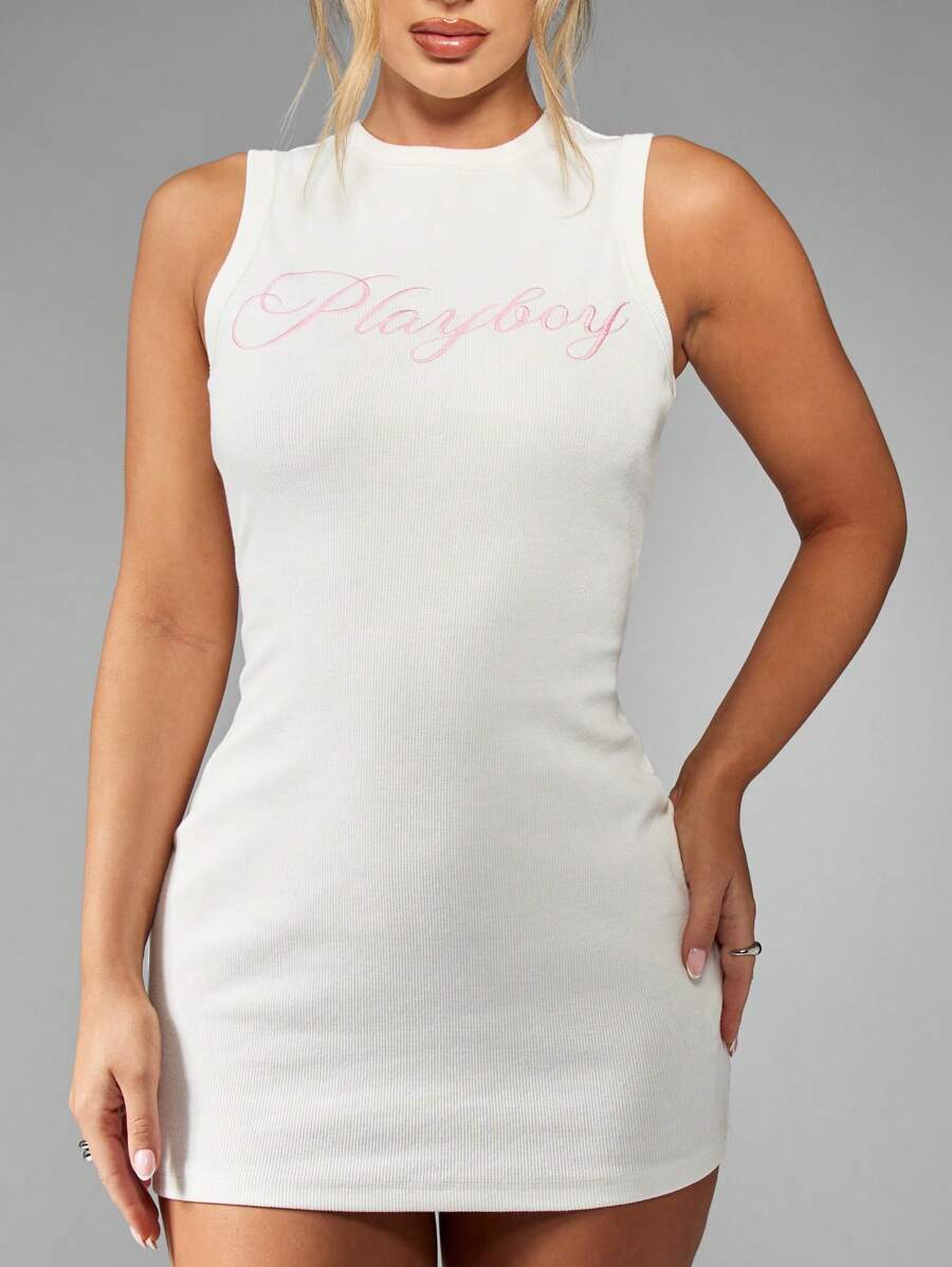 Missguided x Playboy Ribbed Sleeveless Mini Tank Dress With Brand Logo Design Casual Athletic Streetwear Fall Winter Collection Party Club Night Out - White - View 1