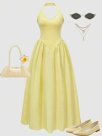 SHEIN Explorewe 少女吊带针织上衣搭配纹理裙摆连衣裙