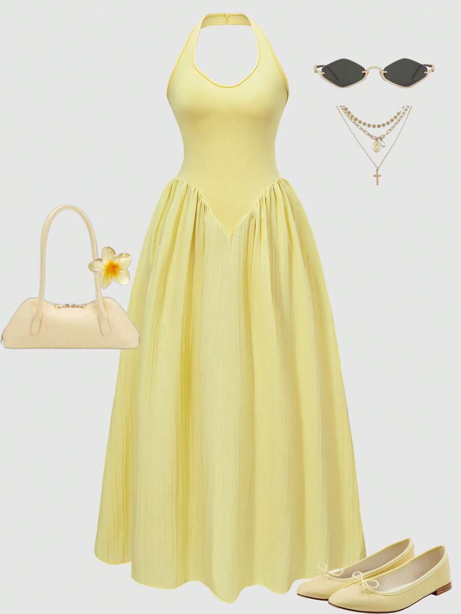 SHEIN Explorewe 少女吊带针织上衣搭配纹理裙摆连衣裙 - 黃色 - 查看 1