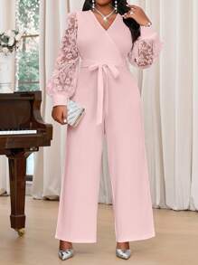 SHEIN Lady 春夏秋冬优雅通勤办公室鸡尾酒会情人节婚礼白色针织刺绣重叠领重叠领撞色蕾丝腰带长袖大码连体裤优雅装情人节装春季茶会装夏季女士装 - 藕粉色 - 查看 5