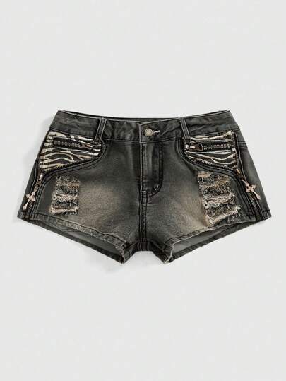 Grunge Punk Short en jean taille haute femme style Y2K pour festival de musique d'été, déchiré, zébré, patchwork croisé, taille très basse