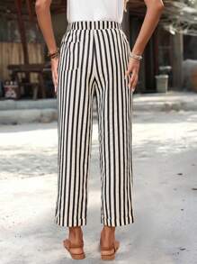 EMERY ROSE Women's Contrast Striped Drawstring Waist Loose Casual Pants Summer Pants For Women,Fall Women Clothes - Black and White - View 2