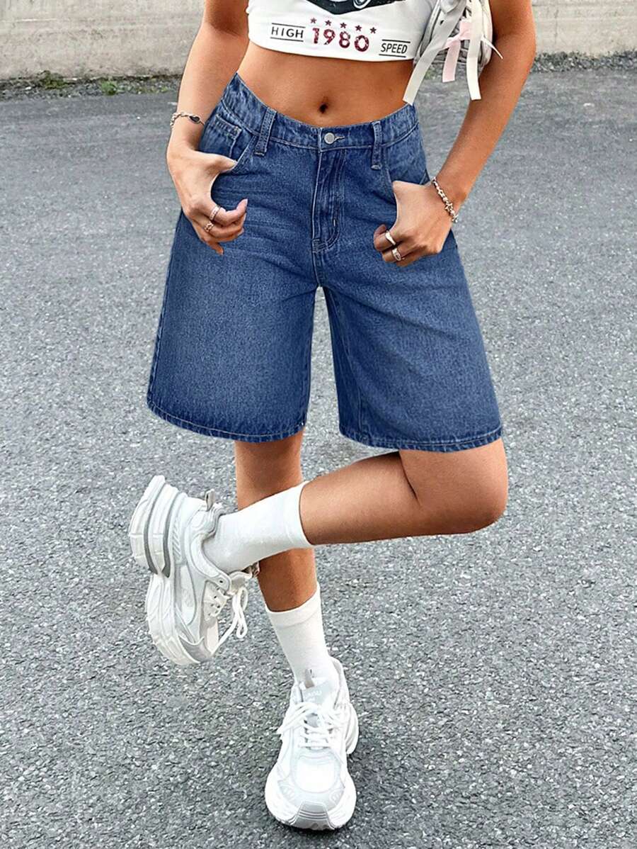 SHEIN Nastolatki Y2K modne ubrania uliczne niebieskie sprane dżinsy luźne workowate szorty bermudy z niskim stanem długie szorty dżinsowe, letni koncert boho wakacje