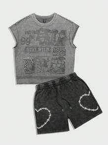 ROMWE MEN Street Life Conjunto de top sin mangas y pantalones cortos de cuello redondo estampado para hombre