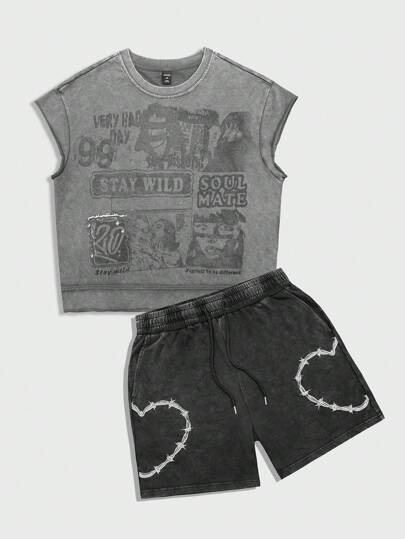 Street Life Ensemble débardeur à col ras du cou imprimé et short pour hommes