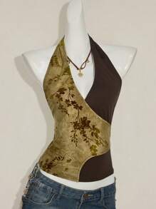 SHEIN ICON Áo ba lỗ hở lưng cổ chữ V họa tiết cổ điển dành cho nữ bằng vải Burnout - Màu vàng - Xem 5