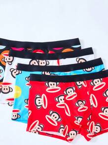 Paul Frank X SHEIN 4pcs Men's Cartoon Monkey Print Fashionable Breathable Trunk,Boxer Briefs,White Red Blue Black - Multicolor - View 3
