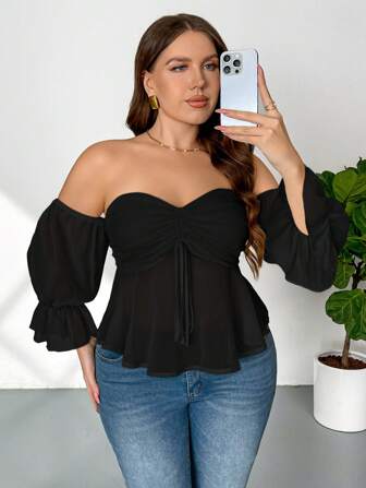 Firerie Camisa de moda de manga larga con hombros descubiertos y cordón delantero para mujer de talla grande