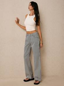 Poéselle 女士条纹牛仔裤，夏季时尚女士牛仔裤低腰直筒牛仔裤女士牛仔休闲宽松裤蓝色条纹裤女士裤子 - 深色水洗藍 - 查看 5