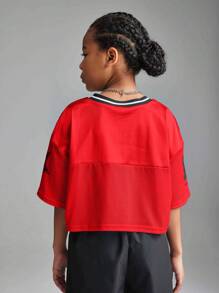 Coolane Kids 青少年女孩春夏V领网眼面料字母和数字印花宽松短款T恤