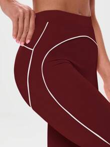 Musera Sport High Rise Contrast Piping Leggings Active Workout Gym Gym Fitness - Burgundy - View 5