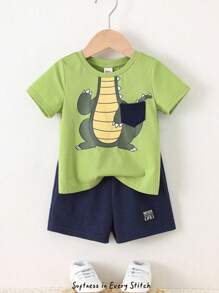 Cozy Pixies زوجان من طقم ملابس علوية أكمام قصيرة كشكش بطبعة ديناصور كرتونية لطفل ولون وسروال بخصر مطاطي - متعدد الألوان - مشاهدة 3