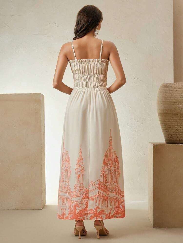 Vacation Style Spaghetti Strap Pleated Waist Floral Print Midi Dress