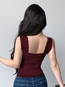 DAZY Lace Trim Lace-Up Fitted Sleeveless Tank Top For Women Valentine's Day - Burgundy - View 2