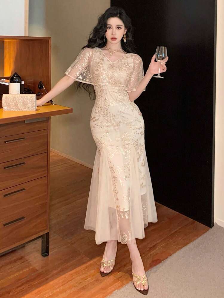 1pc Women's Shiny Sequin Mermaid Style Shawl Collar Dress, Mesh Patchwork Wedding Party Gown'