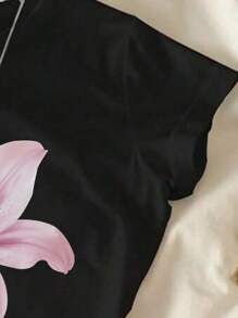 SHEIN Tween Girls' Fashion Lily Flower Print Tight Cropped Top, Casual Style Summer Tops - Black - View 4