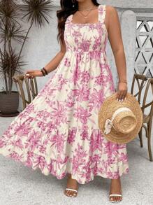 SHEIN Clasi Plus Size Women Pink Floral Print Ruffle Hem Spaghetti Strap Adjustable Bust A-Line Maxi Dress,Summer Boho Vacation Holiday Casual Sun Dress Outfit - Hot Pink - View 3