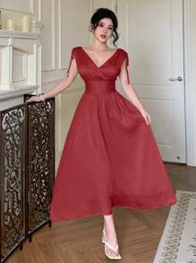 xheDAZY Vestido casual elegante de estilo coreano con cuello en V, cintura fruncida y sin mangas, para verano y vuelta al colegioxhe - Burdeos - Ver 2