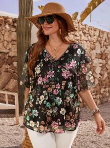 EMERY ROSE Plus Size Women Floral Print Ruffle Sleeve Loose Blouse Vacation Summer Tunic Top,Flower/Spring - Black - View 4