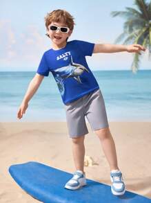 Shark Week X SHEIN 小男孩休闲度假鲨鱼与字母图案短袖 T 恤，夏季 - 藍色 - 查看 5