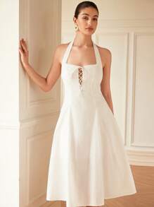 Aveloria Rosie Nuovo abito elegante da donna in stile francese, da vacanza, ampio, tinta unita, scollo quadrato, con inserti in pizzo, fiocco in vita, aderente