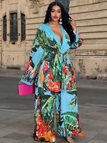 Veslaya 2025 春夏新品音乐节、复活节、西部、波西米亚风、纳什维尔、生日派对、毕业典礼、学生、日常休闲、多功能、休闲、度假、邮轮、海滩、日光浴休闲度假蓝绿色长袖开衫。热带花卉和植物印花宽松上衣/松紧腰裤大码女式两件套 - A - 綠色 - 查看 8