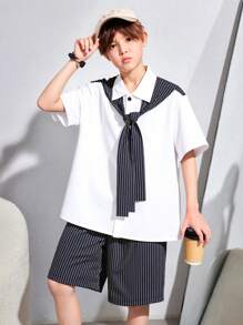 Ținută casual pentru băieți preadolescenti, 2 buc.: cămașă cu guler scurt și pantaloni scurți cu talie elastică, confortabilă, la modă, versatilă, moale, potrivită pentru primăvară, vară, purtare zilnică, joacă în aer liber, școală, stradă, petrecere și timp liber. - Alb-negru - Vizualizare 1