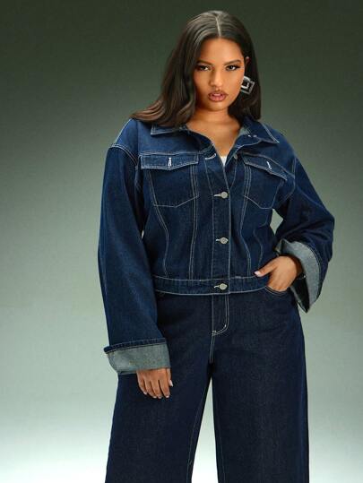 Denimoi Plus Size Cuffed Sleeves Denim Jacket