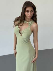 Aloruh New Fashion Simple Commuting Solid Color Cutout Splice Metal Decor Waist Flared Maxi Sleeveless Dress - Green - View 2