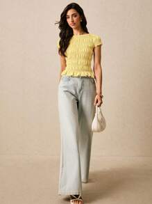 Poéselle 女式纯色圆领荷叶边下摆休闲短袖短款衬衫