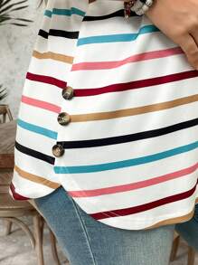 SHEIN LUNE 加大码圆领条纹印花短袖休闲日常秋季 T 恤，旅行机场情人节度假夏季外出上衣，商务休闲夏季办公室