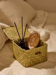 Cirelle 1pc Japanese Style Desktop Storage Box Hand-Woven Coffee Table Snack Sundries Storage Basket Straw Woven Lid Storage Basket, Rama Comfort Home, Back To School Use, Dorm Essentials, Summer Home Decor - Yellow - View 6