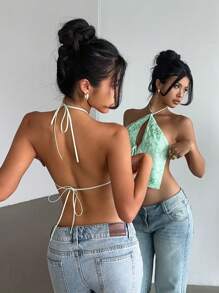 Aloruh Women's YTK Sexy Laced Up Halter Sequins Embroidered Crop Top ,Summer Tops, Crop Tops Women, Tank Top, Tops For Women - Green - View 2