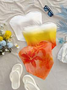 Soleia Casual Vacation Style Tie-Dye Tie Dye Lily Pattern, Orange & Yellow Tie Dye, White Solid Color, Asymmetrical Hem Bandeau Top, Vintage Retro Style, Casual Vacation Style, Sexy, Cute, Y2K, Coconut Girl, Boho, Vacation, Spring Break, Brunch-Ready, Baby Blue, Girls Trip, Neon Beach Vibes, Bohemian, Hippie, Music Festival, Suitable For Summer - Multicolor - View 1