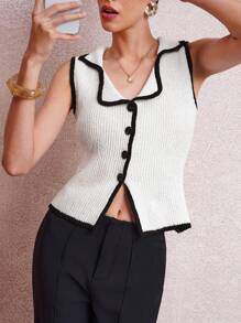 SHEIN Clasi Women Contrast Binding Knitted Button Front Sweater Vest - Black and White - View 7