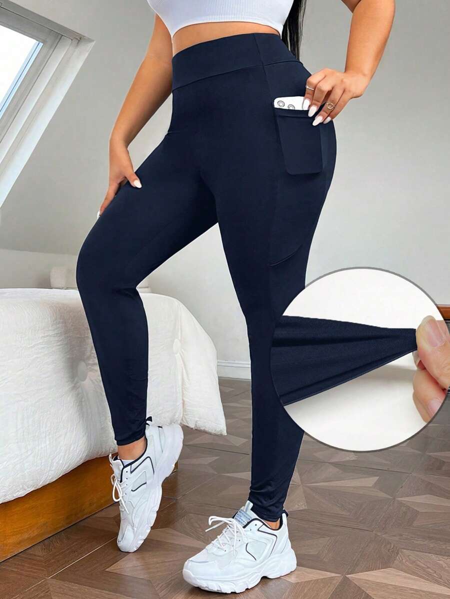 SHEIN EZwear 大码纯色高腰无缝紧身裤,带侧袋 - 藏蓝色 - 查看 1