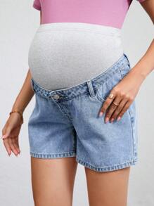 SHEIN Shorts vaqueros casuales para maternidad con cintura ajustable, bordado de lazo