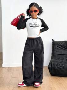 SHEIN Tween Girl Casual Raglan Sleeve Colorblock Letter Print Crop Top T-Shirt
