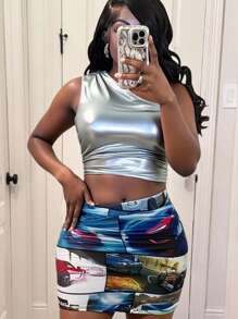 Slaydiva Women One Shoulder Crop Top & Bodycon Skirt Two Pieces Outfits For Daily Wear, Rave - Multicolor - View 9