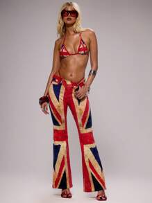 MUSERA Low Rise Asymmetric Waist Fitted Flare Union Jack Trouser Spring, Summer, Holiday, Festival, Rave, Grunge, Cool Girl, Y2K
