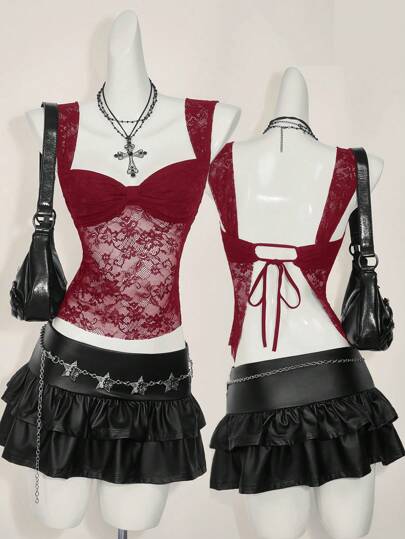 SHEIN ICON Women's Lace Back Tie-Up Split Hem Sexy Fashion Tank Top