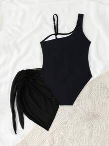 SHEIN Traje de baño de una pieza negro elegante con diseño calado de malla y falda para niñas preadolescentes, conjunto de traje de baño de dos piezas para vacaciones de niños mayores - Negro - Ver 2