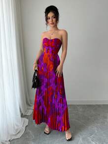 Elenzga Vestido plisado de impresión completa con cintura ajustada tipo bandeau - Morado - Ver 6